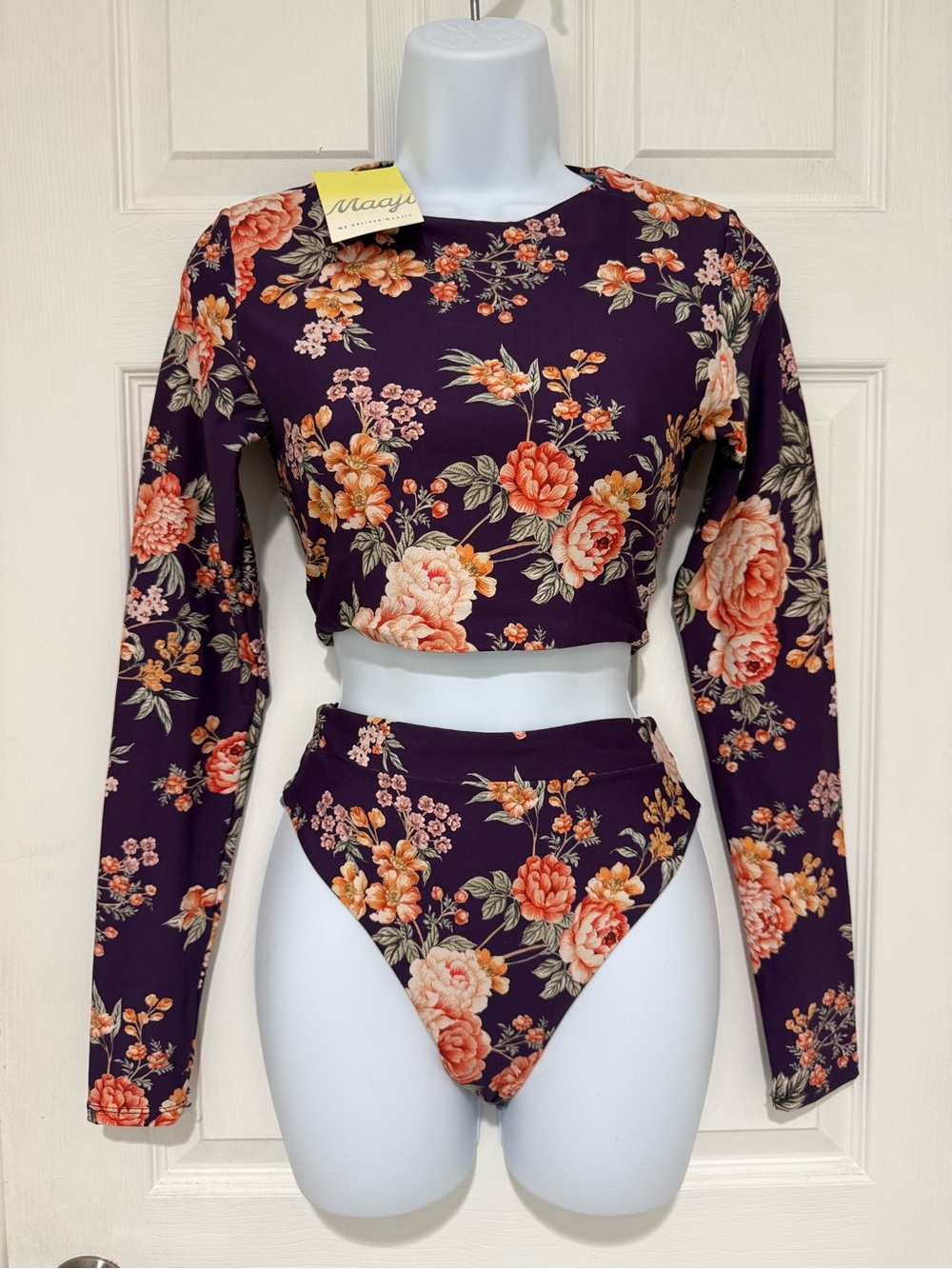 Maaji Floral Long Sleeve Crop Top Bikini 2 pieces Paddle Board Rashguard Set M